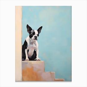 Boston Terrier Dog, Painting In Light Teal And Brown 0 Canvas Print