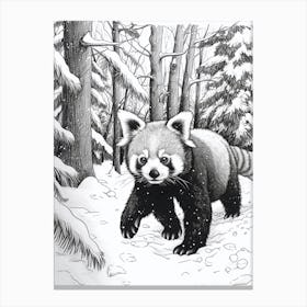 Red Panda Walking Through A Snow Covered Forest Ink Illustration 4 Canvas Print