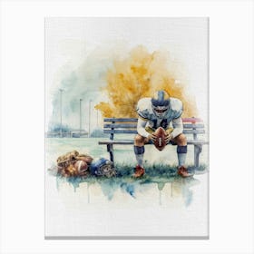 Football Player Sitting On Bench Retro Watercolor Canvas Print