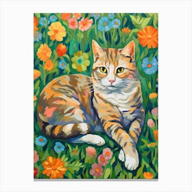 Orange Cat Chilling With Flowers Oil Painting Canvas Print