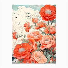 Great Wave With Ranunculus Flower Drawing In The Style Of Ukiyo E 2 Canvas Print