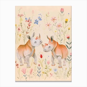 Folksy Floral Animal Drawing Rhino 4 Canvas Print