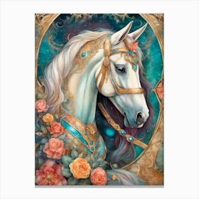 White Horse With Roses Canvas Print