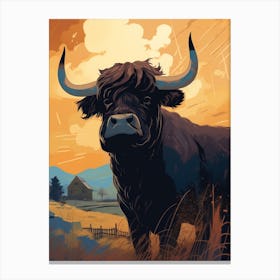 Black Bull In The Field At Sunset Canvas Print