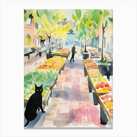 Food Market With Cats In Copenhagen 1 Watercolour Canvas Print