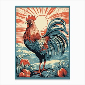 Vintage Bird Linocut Rooster 3 Canvas Print