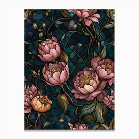 Peony Flowers On Stained Glass Canvas Print