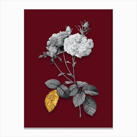 Vintage Damask Rose Black and White Gold Leaf Floral Art on Burgundy Red n.0846 Canvas Print