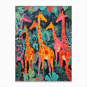 Cute Kitsch Giraffe Herd In The Leaves Canvas Print