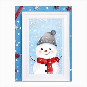 Watercolor Style Cute Snowman Peeking Around A White Wall Donning A Plush Red Scarf Shiny Hat Emb Canvas Print