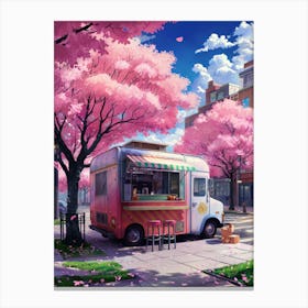 Lofi Anime Art: A cozy food truck under vibrant cherry blossoms on a sunny spring street. Perfect for cheerful, nostalgic vibes. Canvas Print