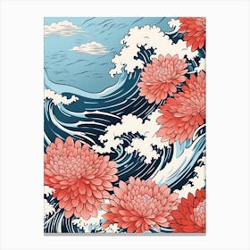 Great Wave With Chrysanthemum Flower Drawing In The Style Of Ukiyo E 3 Canvas Print