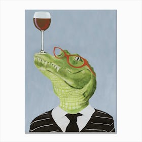 Alligator With Wineglass Grey & Green Canvas Print