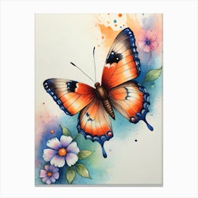 Watercolor Butterfly With Flowers Canvas Print