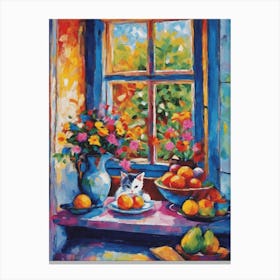 Matisse Inspired Window With Cat Looking at Fruit Bowl Floral Abstract Impressionism Aesthetic Art for Feature Wall - Vibrant Colorful High Resolution Canvas Print