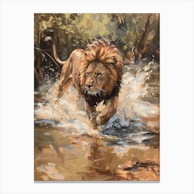 African Lion Crossing A River Acrylic Painting 4 Canvas Print