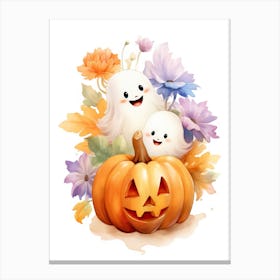 Cute Ghost With Pumpkins Halloween Watercolour 24 Canvas Print