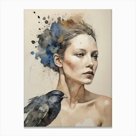 Woman Portrait With A Bird Painting (22) Canvas Print