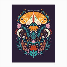 Colorful Moth With Florals On Deep Purple Canvas Print