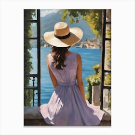 Lady at Lake Como ~ Painting of Woman in Italy in Beautiful Dress and Straw Hat Canvas Print