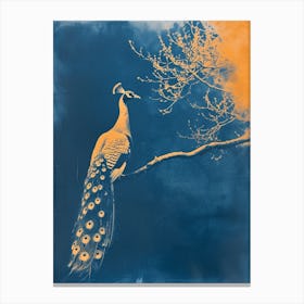 Vintage Orange & Navy Blue Peacock On A Tree Branch 2 Canvas Print
