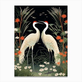Green And Red Cranes Vintage Japanese Botanical Canvas Print