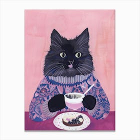 Grey Cat Having Breakfast Folk Illustration 4 Canvas Print