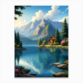 Lake Cabin In The Mountains Canvas Print