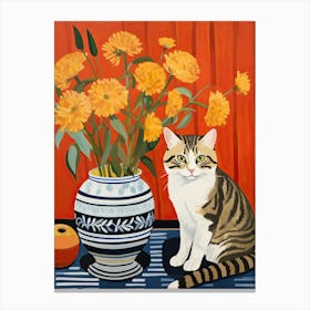 Marigold Flower Vase And A Cat, A Painting In The Style Of Matisse 5 Canvas Print