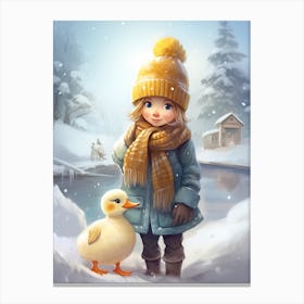 Animated Duckling & Child In The Snow Canvas Print