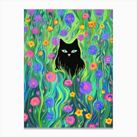 Black Cat In A Flower Field Psychadelic Colourful Painting Canvas Print