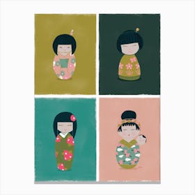 Kokeshi Dolls Teal Pink Canvas Print