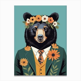 Floral Black Bear Portrait In A Suit (3) Canvas Print
