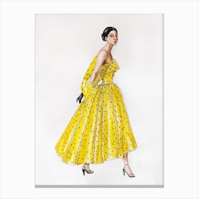 Watercolor illustration of a woman in a vintage yellow polka dot dress Canvas Print