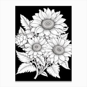 Sunflowers In Black And White Line Art 1 Canvas Print