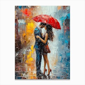 Colorful Impasto Painting Of A Couple Under A Red Umbrella On A Rainy Street Canvas Print