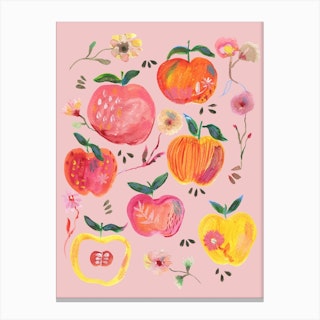 Apples And Florals Pink Canvas Print