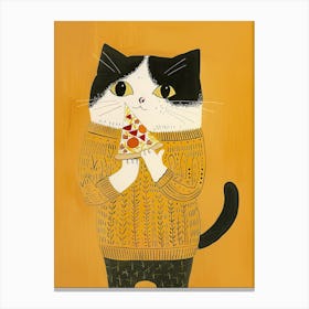 Happy Black And White Cat Eating Pizza Folk Illustration 1 Canvas Print