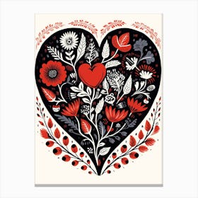 Folky Black Heart Floral Linocut Style Canvas Print