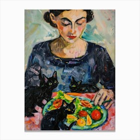 Portrait Of A Woman With Cats Eating A Salad  1 Canvas Print