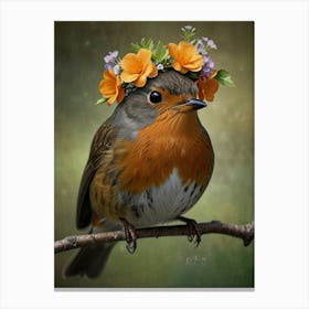 Robin With Flowers 3 Canvas Print