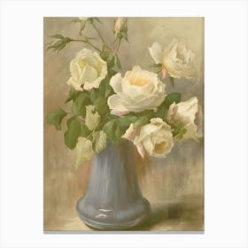 White Roses In A Blue Vase Canvas Print