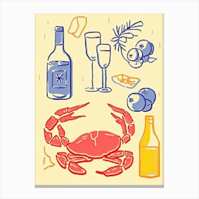 Crab And Wine Kitchen Dinner Illstration Canvas Print