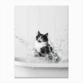 Cat In Bathtub, Black and White, Funny, Cat Splashing in Tub Canvas Print