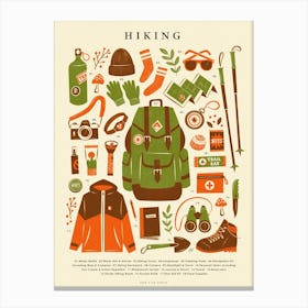 Retro Hiking Kit Art Print in Green, Red and Cream | Vintage Walking Poster | Adventure and Outdoor Nostalgic Graphic Illustration 1 Canvas Print
