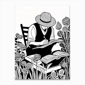Lino cut Inspired black and white Reading In the Garden Art, Garden Girl Art, Gardening reading, 259 Canvas Print
