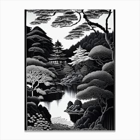 Kenrokuen, 1, Japan Linocut Black And White Vintage Canvas Print