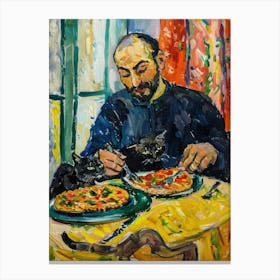 Portrait Of A Man With Cats Eating Pizza 2 Canvas Print