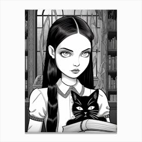 Nevermore Academy With Wednesday Addams And A Cat Line Art 1 Fan Art Canvas Print