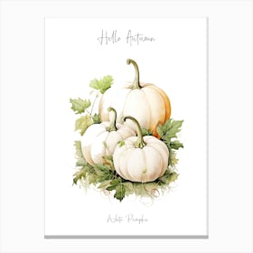 Hello Autumn White Pumpkin Watercolour Illustration 2 Canvas Print